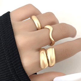 Chunky Gold Stackable Rings for Women Adjustable Round Dome Ring Set Bold Thick Geometric Hug Bowknot Knuckle Rings Solid Minimalist Statement Jewelry Gifts (3Pcs Gold)