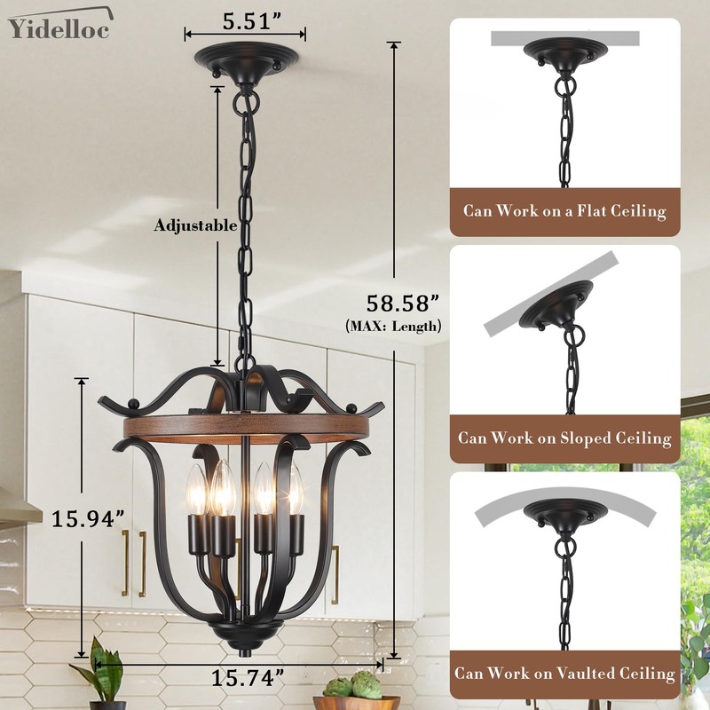 Yidelloc Black Farmhouse Chandelier 4 Lights, Vintage Cage Chandeliers E12