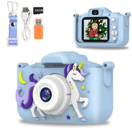Kids Camera Toy, Kids Digital Camera, 1080P HD Video Kids Selfie Camera with Cute Protective Cover, Christmas Birthday Gifts Toys for 3-12 Years Old Girls and Boys, 32G SD Card (Blue)
