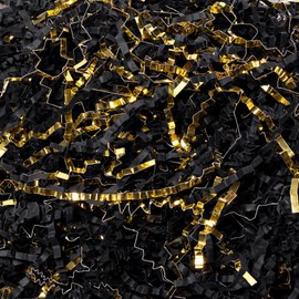 Mefleet 1 LB Crinkle Cut Paper Shred Filler Black & Gold Crinkle Shredded Paper for Gift Box - Gift Basket Bag Filler - Grass Cushion Stuffing for Christmas Holiday Packaging Wrapping