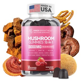 Inner Brightness Mushroom Gummies for Adults 12-in-1, 3000mg Mushroom Supplement with Lion’s Mane, Reishi, Cordyceps, Mushroom Gummies for Focus and Energy - Mixed Berry Flavor, 50ct