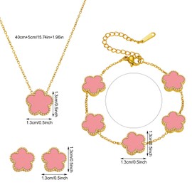 GWAWG Lucky Four Leaf Clover Jewelry Set for Women, 18K Gold Plated Stainless Steel Necklace, Earrings Bracelet, Clover Bracelet Set for Valentine's Day Mother's Day Christmas (pink)