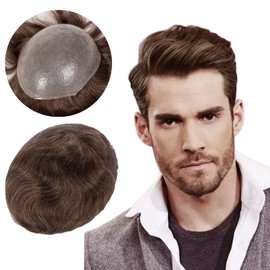 LLWear Mens Toupee Human Hair Pieces Super Soft Thin Skin with V-loop knot Hairpieces for Men 8x10 Inch Cap Mens Hair System mens hair system #310(Brown Color With 10% Gray Hair)