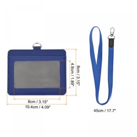 sourcing map Badge Holder 10.4cm Horizontal PU Leather ID Holder with 2 Card Slots and Detachable Neck Lanyard Dark Blue for ID Name Tag Access Card