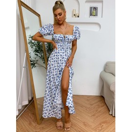 Women's Summer Puff Sleeve Floral Print Split Maxi Dress Flowy A Line Casual Beach Long Dresses White-XXL