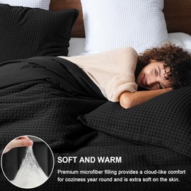 PHF Ultra Soft Waffle Weave Comforter Set California King Size, 3 Pieces Lightweight Breathable Comfy Bedding Set for All Season, Comfy Textured 1 Comforter with 2 Pillow Shams, Black