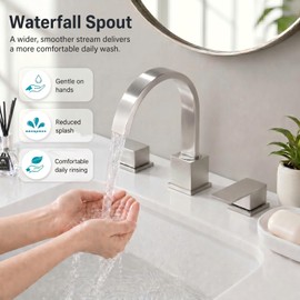 NOHALIPY Widespread Brushed Nickel Bathroom Faucets, Waterfall Nickel Stainless Steel Bathroom Faucet for Sink 3 Hole, Vanity Lavatory Faucets with Drain & Water Hoses, 8 Inch, Lead-Free, 360° Swivel