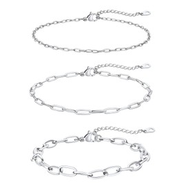 FaithHeart Silver Ankle Bracelets Sets for Women Waterproof, 3 Pack Non Tarnish Stainless Steel Layered Paperclip Beach Anklet Chains Hypoallergenic Anklets for Big Ankles Adjustable Size