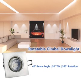 POPANU Canless Recessed Gimbal Downlight Rotatable-Spotlight 5 CCT Adjustable 3 Inch Eyeball Ceilling Potlight, Dimmable Recessed Lights Fixture with Junction Box, 8W, Brushed Nickel Square Trim, 6P