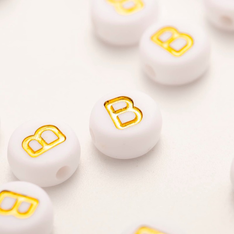 200Pcs Acrylic Letter Beads Alphabet Gold Letter B White Beads