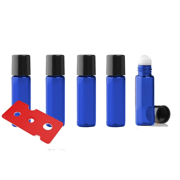Grand Parfums Cobalt Blue Empty Refillable Roller Ball Bottles 1/6 Oz, 5mL Choose Glass or Stainless Steel Rollerballs, Plus Gift of Essential Oil Key (6 Bottles, Blue/Glass Rollers)