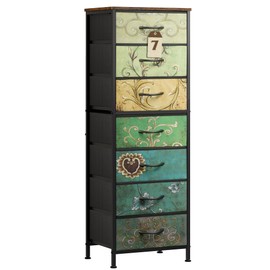 WLIVE Tall Dresser for Bedroom, 7 Drawer Dressers & Chests of Drawers, Fabric Dresser for Closet, Living Room, Night Stand with Metal Frame, Storage Tower with Fabric Bins, Wood Top, Floral Painted
