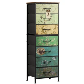 WLIVE Tall Dresser for Bedroom, 7 Drawer Dressers & Chests of Drawers, Fabric Dresser for Closet, Living Room, Night Stand with Metal Frame, Storage Tower with Fabric Bins, Wood Top, Floral Painted
