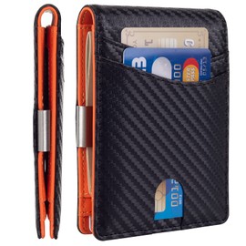Mutual Minimalist Slim Wallet for Men, Premium Leather Wallet with Money Clip, RFID Blocking Front Pocket Stylish Bifold Wallet (Black & Orange)
