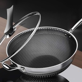 DYRABREST 13.5" Stainless Steel Honeycomb Wok - Kitchenware Wok with Glass Lid, Side Handle - Non-Stick Coating, Scratch-resistant Raised-up Honeycomb Fry Pan