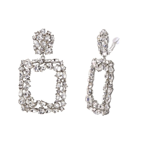 EVER FAITH Rhinestone Rectangle Clip-On Earrings Geometric Statement Drop Earrings