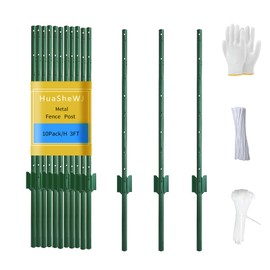 HuaSheWJ Metal Fence Post 3 Feet Green, Pack of 10, T Post for Wire Fence, No Dig Steel U Posts Fencing for Lawn Garden Wire Mesh Fences Poles Sign Outdoor
