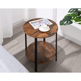 RokiaTek Round Sofa Side End Tables 2-Tier Industrial Bedside Nightsand Tables Steel Frame MDF Top, Easy Assembly for Small Spaces Living Room Bedroom Balcony, Matte Black and Rustic Brown