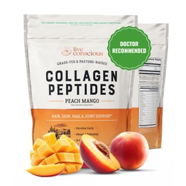 Live Conscious Collagen Peptides Powder - Peach Mango Flavored Collagen Powder - Hair, Skin, Nail, & Joint Support - Type I & III Grass-Fed Collagen Supplements for Women and Men - 30 Servings - 13oz
