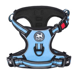 PoyPet No Pull Dog Harness, [Release on Neck] Reflective Adjustable No Choke Pet Vest with Front & Back 2 Leash Attachments, Soft Control Training Handle for Small Medium Large Dogs(Light Blue,M)