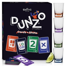 SWOOC DUNZO -  Classic Card Game with 4 Unbreakable Glasses - Draw Two, Skip, Reverse, Get Loco - Fun Party Game & Funny Gifts - Couples Card Games - Game Night Games for Groups Adult, drinking game card games couple  card articulate  board game party ga