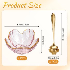 8 Pcs Gold Rim Pink Cherry Blossom Glass Bowls and 8 Pcs Cute Flower Spoons
