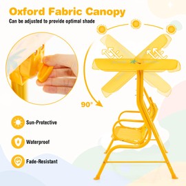 HONEY JOY Kids Patio Swing, 2-Seater Outdoor Porch Swing Lounge Chair, Adjustable Canopy & Safety Belt, All Weather Resistant Waterproof Hanging Swing Bench for Garden Pool Balcony(Yellow Dinosaur)