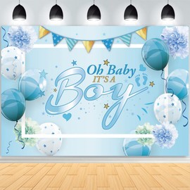 ASOONYUM 5x3ft Baby Shower Party Backdrop Decorations for Boy's Gender Reveal Party Supplies Photo Booth Background for Photography Blue Newborn Baby Shower Banner