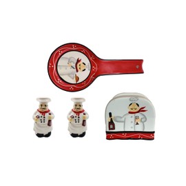 ACK Tuscany Colorful Plump Bistro Chef Hand Painted 4PCs Table/Stove Top Set, Pepper/Salt Shakers,Napkin Holder and Spoon Rest, Kitchen Décor