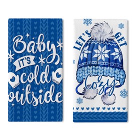 Croar Baby It's Cold Outside Kitchen Dish Towels Set of 2, Winter Blue Knit Hat Let's Get Cozy Drying Hand Towels Baking Cooking Cloth, Christmas Mitten Snowflake Home Kitchen Decoration 18 x 26 Inch