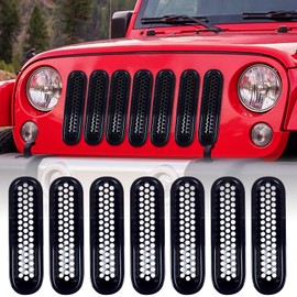 AggAuto Grille Inserts Compatible With Jeep Wrangler JK JKU 2007 2008 2009 2010 2011 2012 2013 2014 2015, Glossy Black Car Front Grill Cover Accessories 7 Pcs