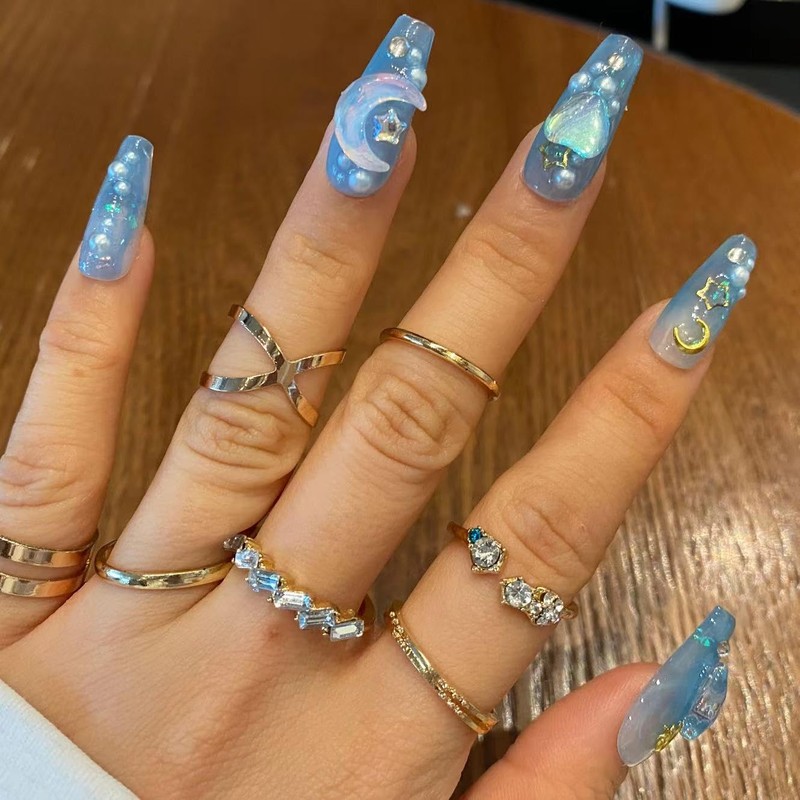Handmade Nail Tip Medium Long Ballerina False Nail Light Blue