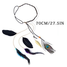 Zoestar Boho Feather Headband Vintage Peacock Headpiece Hippie Head Chain Indian Festival Hair Jewelry for Women and Girls (Black)