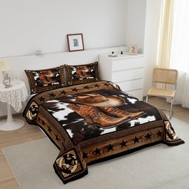 Manfei Western Cowboy Comforter Set Twin Size,Western Texas Star Wooden Plank Rustic Bedding Set,Boys Girls Adults Room Decor,Cow Fur Farmhouse Down Comforter,Brown Retro Duvet Insert,1 Pillowcase