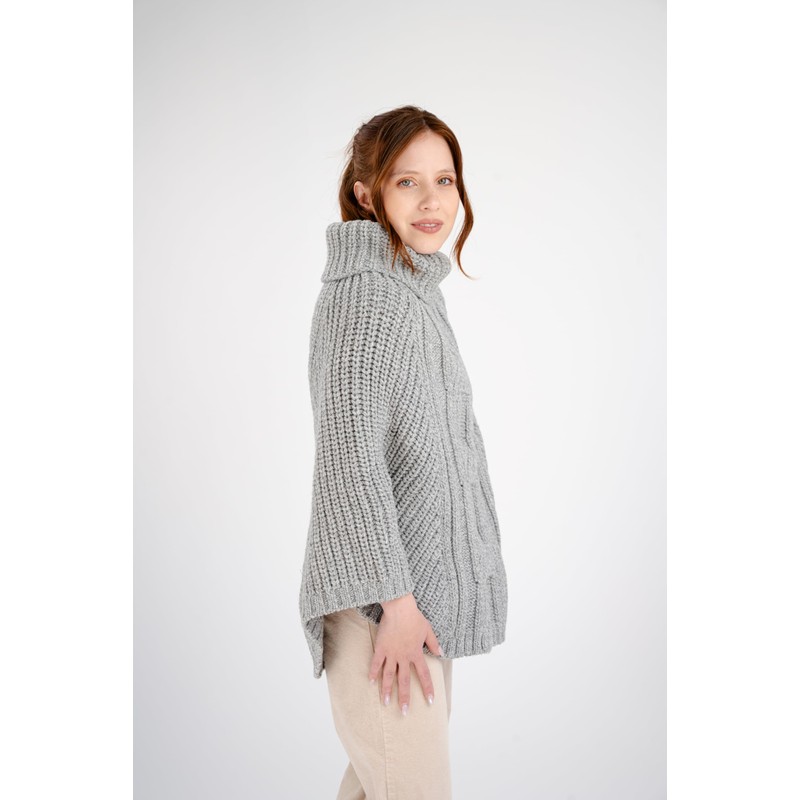 SAOL 100% Merino Wool Cable Knit Ladies Poncho Sweater (Grey)
