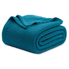 Bedsure 100% Cotton Blanket Queen Size for Bed - Breathable and Soft, Waffle Weave Blanket for Summer Spring, Teal, 90x90 Inches