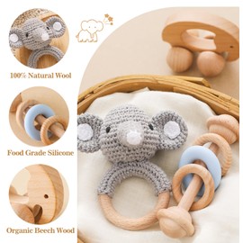 Wooden Baby Rattle 3 PCS Push Car Rattle Set Crochet Rattle Ring Wooden Montessori Toy for Newborn Infant Baby Gifts (Elephant Rattle)