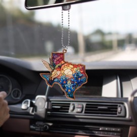 Car Hanging Ornament Texas Bluebonnet Flower Rear View Mirror Car Charm Hummingbird Hanging Accessories, Window Suncatcher Pendent for Home Door,Texas Gifts for Women Men