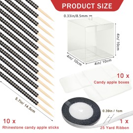 Anglekai 10+10 Candy Apple Boxes with Hole and Sticks, 10Pcs Bling Rhinestone Candy Apple Sticks/ 10Pcs Boxes with Hole/ 25 Yard Ribbon (Black)