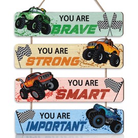 TOARTi Inspirational Racing Car Wooden Hanging Sign,Monster Truck Decor,Motivational Wall Decor,Trucks Door Plaque,Vehicles Wall Sign for Bedroom Livingroom Boy's Room Nursery Toddler Playroom