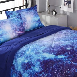 Wowelife Galaxy Comforter Set Blue and Purple Twin, 3D Outer Space Blue Bedding Sets, Mysterious Sky Cosmos 5 Piece Bedding Set with Print Comforter for Kids