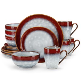 vancasso Starry 16 Pieces Red Dinnerware Set, Reactive Glaze Dinner Sets, Plates and Bowls Set for 4, 16 Pcs Ceramic Dish Set Stoneware