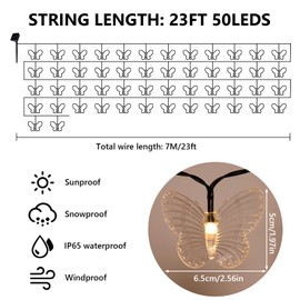 QHIHEDNES Butterfly Curtain Lights 22.97 ft 50 LED 8 Modes Solar Powered Butterfly Fairy Lights Decoration for Bedroom Patio Wedding Party Christmas Decor, Warm White