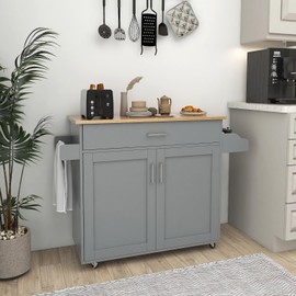 SILKYDRY Kitchen Island with Storage, 45.5" Width Rolling Island Cart with Adjustable Shelf, Large Drawer, Spice & Towel Rack, Wood Top & Lockable Wheels, Mobile Kitchen Island Cart (Grey)