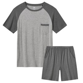 MoFiz Mens Sleepwear Pajama Set Lightweight Big Tall Tee Soft Lightweight Summer Cotton Pjs Sleep Sets Dark Gray + Light Grey L