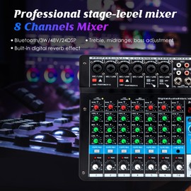 YOUSHARES 8 Channel Audio Mixer - Portable Digital Line Mixer Console Build-in 24 DSP Effects BT Function 48V Phantom Power for Karaoke Streaming