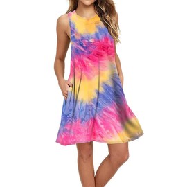 BEUFRI Tie Dye Red Yellow Dresses for Women Summer Beach Sleeveless Sundress Pockets Swing Casual Loose Tshirt Dress Multicolor L