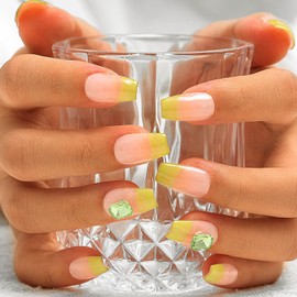 Sethexy French Rhinestone Handmade Fake Nail Green Tip Medium Coffin False Nails with Design Acrylic Natural Glossy Salon Press on Nail for Women and Girls 10PCS (Y)