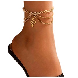 Aneneiceera Punk Layered Snake Anklet Bracelet Gold Snake Ankle Bracelet Chunky Serpent Anklets Gothic Multi Chain Ankle Bracelet Vintage Foot Chain Jewelry for Women and Girls