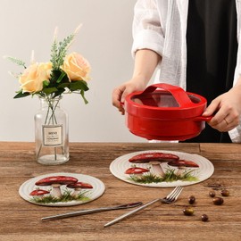 Ornamental Woven Kitchen 2 Pcs Potholders Trivets Set, Watercolor Cute Red Mushrooms Hot Mats Coasters Placemats for Cooking Baking Hot Dish Pan Pot Bowl Teapot(7&9 Inches Diameter)